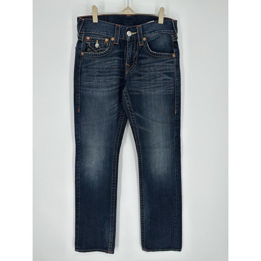 True Religion Jeans Women's Sz 29x32 Blue Denim Ricky Relaxed Straight Mid Rise